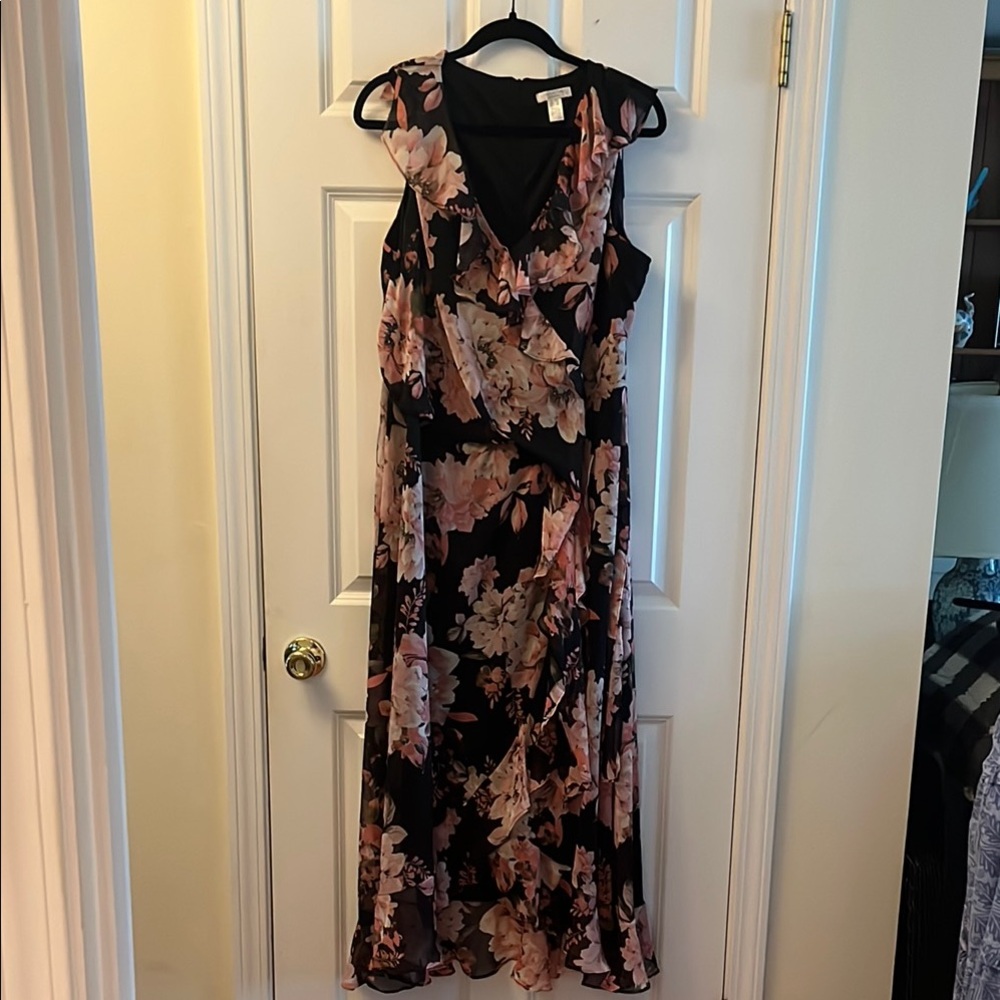 London Times Chiffon Ruffle faux-wrap Black/ Pink Floral Dress (Kohls $49.50)